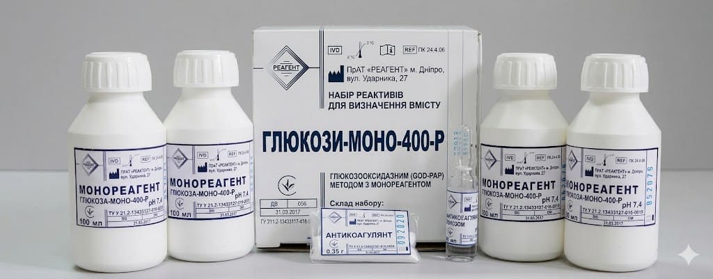ПК 24.4-06 ГЛЮКОЗА-МОНО-400-Р Набір реагентів для визначення вмісту глюкози глюкозооксидазним (GOD-PAP) методом з моно реагентом, 200/400 проб